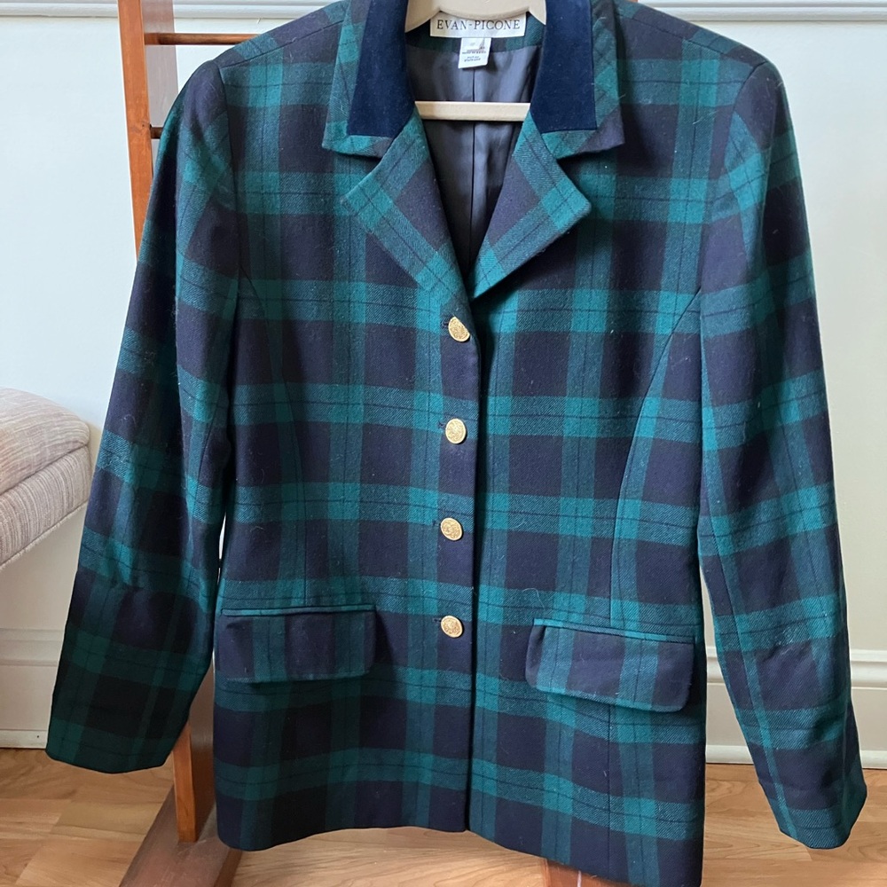 Vintage Evan Picone Women's Navy & Green Plaid Blazer